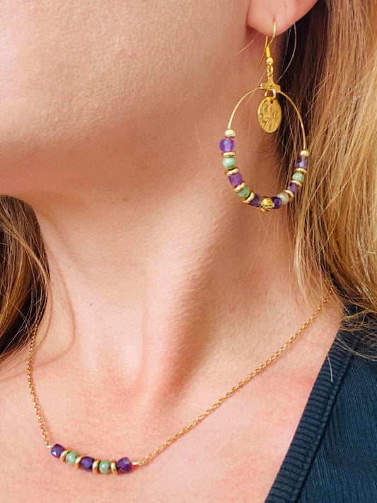 Boucles d’oreilles « Précieuse» en pierre naturelle : Améthyste et Jaspe vert