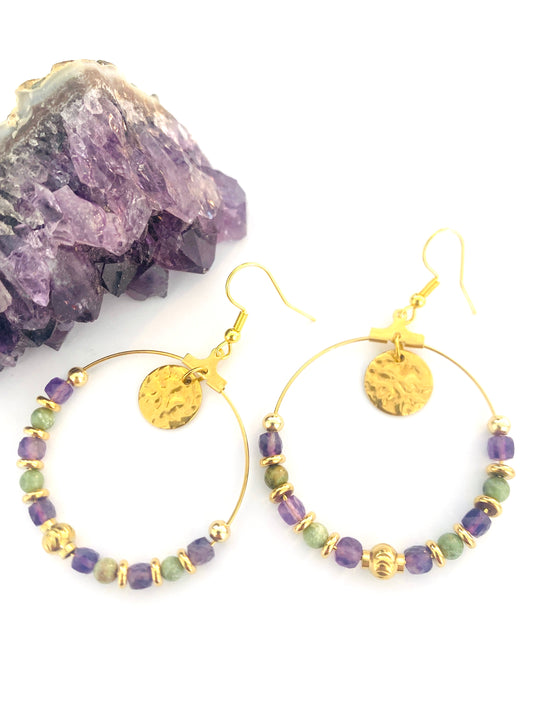 Boucles d’oreilles « Précieuse» en pierre naturelle : Améthyste et Jaspe vert